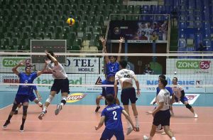 Players of Kazakhstan and Uzbekistan battle for a point during the match of the CAVA Men's Volleyball Championship 2026 at Liaquat Gymnasium, Pakistan Sports Complex.