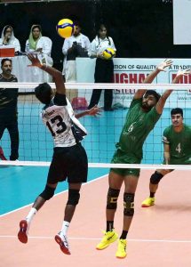 Players of Bangladesh and Sri Lanka volleyball teams in action during CAVA Men's Volleyball Championship 2026 match at the Liaquat Gymnasium, Pakistan Sports Complex.