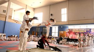Players of The Karate Academy, University of Sargodha, demonstrate their martial arts skills during a belt promotion ceremony organized in collaboration with the District Sports Department