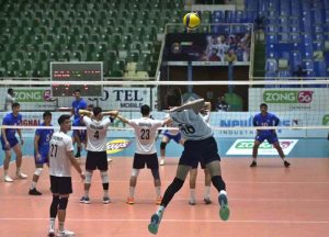Players of Kazakhstan and Uzbekistan battle for a point during the match of the CAVA Men's Volleyball Championship 2026 at Liaquat Gymnasium, Pakistan Sports Complex.