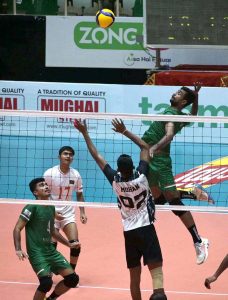 Players of Bangladesh and Sri Lanka volleyball teams in action during CAVA Men's Volleyball Championship 2026 match at the Liaquat Gymnasium, Pakistan Sports Complex.