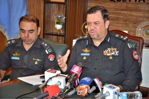 Deputy Inspector General of Police Quetta Imran Shaukat addresses a press conference on the arrest of suspects involved in the murder of Kabul Jan Restaurant owner Hashim Noorzai.