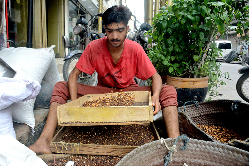 A man sorts black chickpeas at a shop in Saddar Bazaar