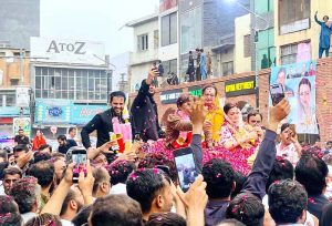 Federal Parliamentary Secretary for Information and Broadcasting Barrister Danyal Chaudhry at PML-N rally in Rawalpindi alongside Senior Provincial Minister Maryam Aurangzeb, Federal Minister for Railways Muhammad Hanif Abbasi, and Member National Assembly Tahira Aurangzeb.