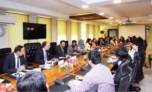 Federal Minister for Finance and Revenue, Senator Muhammad Aurangzeb meeting with participants of the URAAN Overseas Pakistanis Summer Scholars Programme at the Finance Division