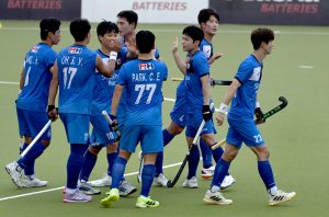 Players in action during the first match of Pakistan-South Korea men's field hockey test series at the Naseer Bunda Hockey Stadium.