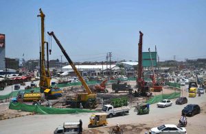 A view of construction work of underpass at Kabutar Chowk Ring road.