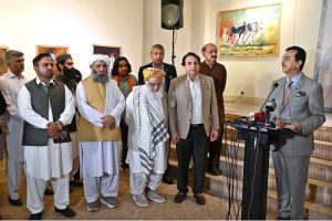 Chairman Senate, Syed Yousaf Raza Gilani addressing during inauguration ceremony of the art exhibition "Sufism & Culture" by Roomi & Aiman at PNCA.