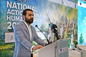 Minister of State for Law and Justice, Barrister Aqeel Malik, addresses the launching ceremony of the National Action Plan for Human Rights (NAP-HR) 2026 in the federal capital