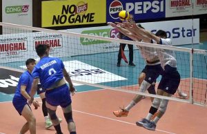 Players of Kazakhstan and Uzbekistan battle for a point during the match of the CAVA Men's Volleyball Championship 2026 at Liaquat Gymnasium, Pakistan Sports Complex.