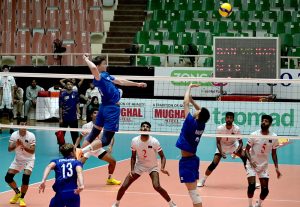 Bangladesh and Kazakhstan players engage in an intense battle at the net during their CAVA Men's Volleyball Championship 2026 clash at the Liaquat Gymnasium, Pakistan Sports Complex.