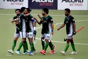 Players in action during the first match of Pakistan-South Korea men's field hockey test series at the Naseer Bunda Hockey Stadium.