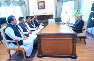Prime Minister Muhammad Shehbaz Sharif meeting with Federal Minister for Kashmir Affairs and Gilgit Baltistan Engr Amir Muqam.