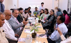 Federal Minister for Climate Change and Environmental Coordination Dr. Musadik Malik discussing with the environmental activists at Climate Action Centre.