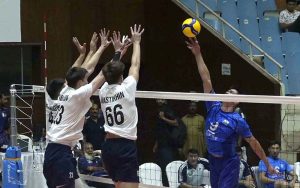 Players of Kazakhstan and Uzbekistan battle for a point during the match of the CAVA Men's Volleyball Championship 2026 at Liaquat Gymnasium, Pakistan Sports Complex.