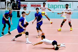 Bangladesh and Kazakhstan players engage in an intense battle at the net during their CAVA Men's Volleyball Championship 2026 clash at the Liaquat Gymnasium, Pakistan Sports Complex.