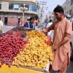 A vendor decorates freshly harvested date crops on his push cart, marking the start of the season and attracting buyers amid rising demand