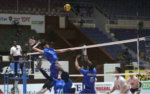 Players of Kazakhstan and Uzbekistan battle for a point during the match of the CAVA Men's Volleyball Championship 2026 at Liaquat Gymnasium, Pakistan Sports Complex.