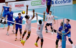 Bangladesh and Kazakhstan players engage in an intense battle at the net during their CAVA Men's Volleyball Championship 2026 clash at the Liaquat Gymnasium, Pakistan Sports Complex.