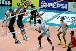 A Pakistani player powerfully smashes the ball against Bangladash match during the Final Match & Closing Ceremony of the CAVA Men’s Volleyball Championship 2026 at Liaquat Gymnasium in the federal capital