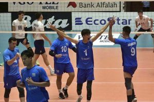 Players of Kazakhstan and Uzbekistan battle for a point during the match of the CAVA Men's Volleyball Championship 2026 at Liaquat Gymnasium, Pakistan Sports Complex.