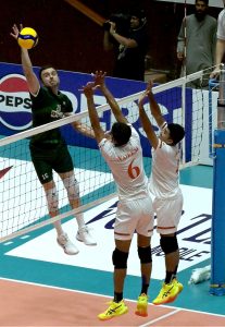 A Pakistani player powerfully smashes the ball against Bangladash match during the Final Match & Closing Ceremony of the CAVA Men’s Volleyball Championship 2026 at Liaquat Gymnasium in the federal capital