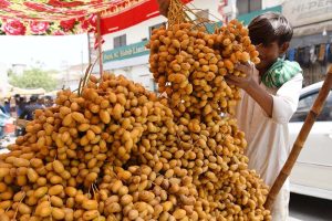 A vendor arranges bunches of fresh dates to attract customers on his cart at Royal Road.