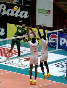 A Pakistani player powerfully smashes the ball against Bangladash match during the Final Match & Closing Ceremony of the CAVA Men’s Volleyball Championship 2026 at Liaquat Gymnasium in the federal capital