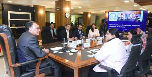 Federal Minister for Finance and Revenue, Senator Muhammad Aurangzeb, in a meeting with a delegation of the Women Chamber of Commerce and Industry Peshawar to discuss women’s economic empowerment, digital inclusion, and skills development.