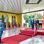 President Asif Ali Zardari being welcomed by President Sadyr Zhaparov at a formal reception held at the Rukh Ordo Cultural Complex in Cholpon-Ata, Kyrgyzstan, celebrating the enduring friendship between Pakistan and Kyrgyzstan