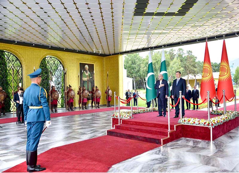 President Asif Ali Zardari being welcomed by President Sadyr Zhaparov at a formal reception held at the Rukh Ordo Cultural Complex in Cholpon-Ata, Kyrgyzstan, celebrating the enduring friendship between Pakistan and Kyrgyzstan
