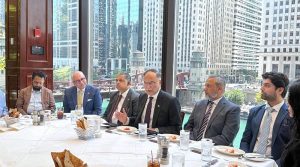 Federal Minister for Planning, Development and Special Initiatives Ahsan Iqbal addresses a gathering of Pakistani - American business leaders, entrepreneurs and investors in Chicago, highlighting opportunities to partner in Pakistan's economic transformation.