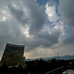 Dense monsoon clouds hover over the Agriculture Building at Zero Point, signaling a likelihood of rain in the federal capital