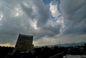 Dense monsoon clouds hover over the Agriculture Building at Zero Point, signaling a likelihood of rain in the federal capital