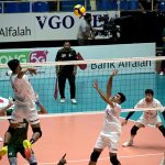 Bangladashi players engage in an intense battle at the net against Pakistani team during the Final Match & Closing Ceremony of the CAVA Men’s Volleyball Championship 2026 at Liaquat Gymnasium in the federal capital