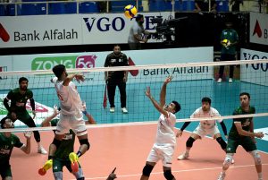 Bangladashi players engage in an intense battle at the net against Pakistani team during the Final Match & Closing Ceremony of the CAVA Men’s Volleyball Championship 2026 at Liaquat Gymnasium in the federal capital