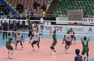 Players of Pakistan and Sri Lanka compete during the opening match of the CAVA Men's Volleyball Championship 2026 at the Liaquat Gymnasium Hall, Pakistan Sports Complex, in the federal capital
