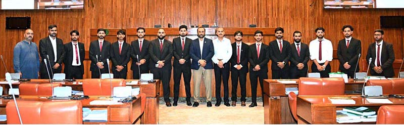 Students from Jinnah Law College, Jhelum, Punjab, pose for a group photograph in the Senate Hall at Parliament House