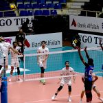 Pakistan and Sri Lanka players battle at the net during the semifinal of the CAVA Men's Volleyball Championship 2026 at Liaquat Gymnasium, Pakistan Sports Complex, displaying attacking prowess and solid defensive skills in a fiercely contested match