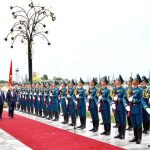 President Asif Ali Zardari being welcomed by President Sadyr Zhaparov at a formal reception held at the Rukh Ordo Cultural Complex in Cholpon-Ata, Kyrgyzstan, celebrating the enduring friendship between Pakistan and Kyrgyzstan