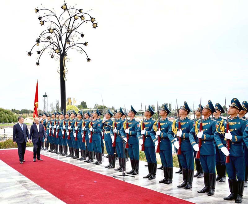 President Asif Ali Zardari being welcomed by President Sadyr Zhaparov at a formal reception held at the Rukh Ordo Cultural Complex in Cholpon-Ata, Kyrgyzstan, celebrating the enduring friendship between Pakistan and Kyrgyzstan