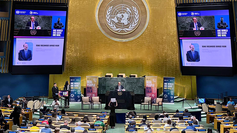 Chairman Prime Minister's Youth Programme, Rana Mashood Ahmed Khan addresses the UN event "One World, One Game, One Goal: Football as a catalyst for Youth Mental Health and well-being
