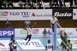 Players of Pakistan and Sri Lanka compete during the opening match of the CAVA Men's Volleyball Championship 2026 at the Liaquat Gymnasium Hall, Pakistan Sports Complex, in the federal capital