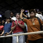 Volleyball fans celebrate Pakistan's victory after the final match of the CAVA Men’s Volleyball Championship 2026 during the closing ceremony at Liaquat Gymnasium, Pakistan Sports Complex, in the federal capital