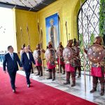 President Asif Ali Zardari being welcomed by President Sadyr Zhaparov at a formal reception held at the Rukh Ordo Cultural Complex in Cholpon-Ata, Kyrgyzstan, celebrating the enduring friendship between Pakistan and Kyrgyzstan