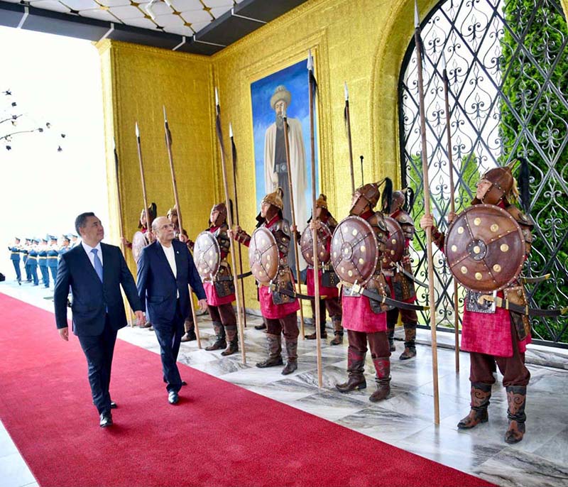 President Asif Ali Zardari being welcomed by President Sadyr Zhaparov at a formal reception held at the Rukh Ordo Cultural Complex in Cholpon-Ata, Kyrgyzstan, celebrating the enduring friendship between Pakistan and Kyrgyzstan