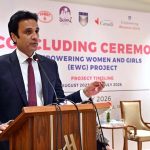 Parliamentary Secretary Ministry of Communication, Engineer Gul Asghar Khan Baghoor addresses the ‘Concluding Ceremony-Empowering Women and Girls (EWG) project’ at a local hotel