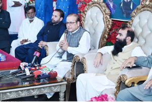 Federal Minister of State Chaudhry Armaghan Subhani, MPA Rana Arif Iqbal, Khalid Waleed (Leader of Central Muslim League, Lahore) jointly addressing to media.