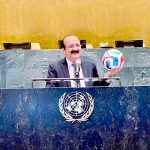 Chairman Prime Minister's Youth Programme, Rana Mashood Ahmed Khan addresses the UN event "One world, One game, one goal: Football as a catalyst for Youth Mental Health and wellbeing