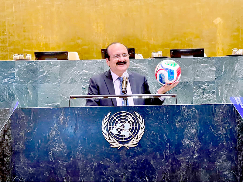 Chairman Prime Minister's Youth Programme, Rana Mashood Ahmed Khan addresses the UN event "One world, One game, one goal: Football as a catalyst for Youth Mental Health and wellbeing